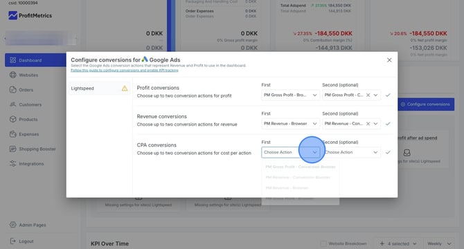 Configuring conversions for Google Ads in dashboard for marketing channels - Step 17