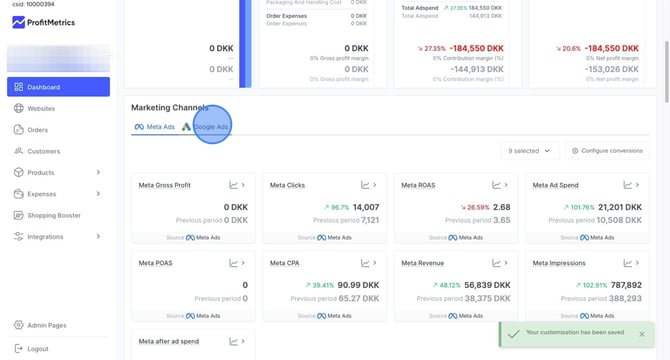 Configuring conversions for Google Ads in dashboard for marketing channels - Step 4