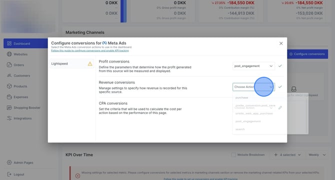 Configuring conversions for Meta Ads in dashboard for marketing channels - Step 12
