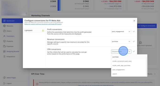 Configuring conversions for Meta Ads in dashboard for marketing channels - Step 15