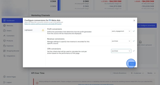 Configuring conversions for Meta Ads in dashboard for marketing channels - Step 17