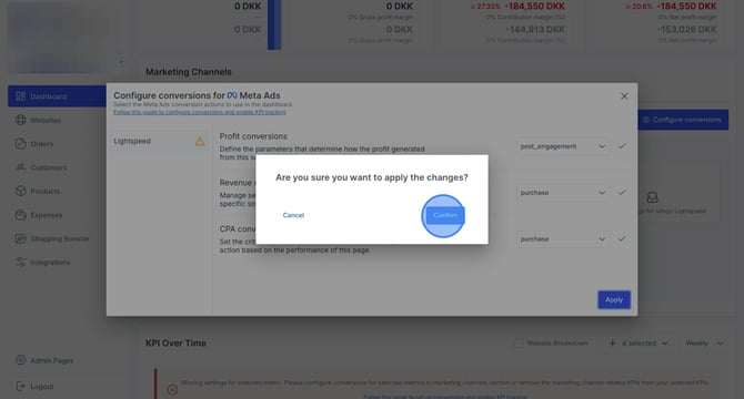 Configuring conversions for Meta Ads in dashboard for marketing channels - Step 18