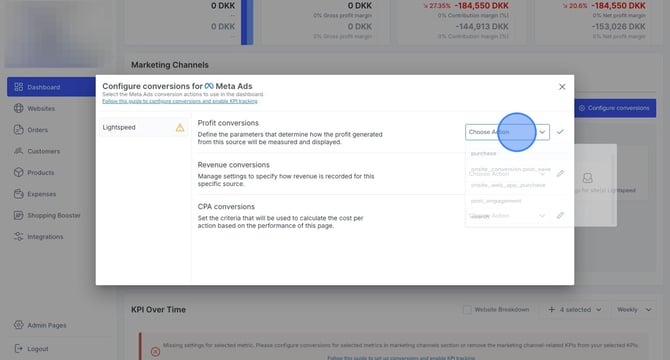 Configuring conversions for Meta Ads in dashboard for marketing channels - Step 9