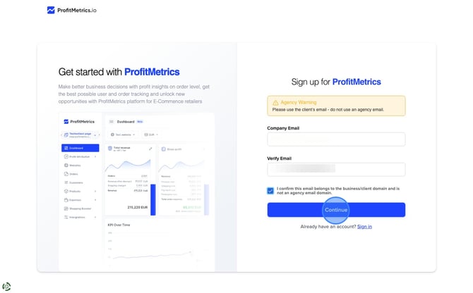 Create a ProfitMetrics Account and Add Website - Step 1