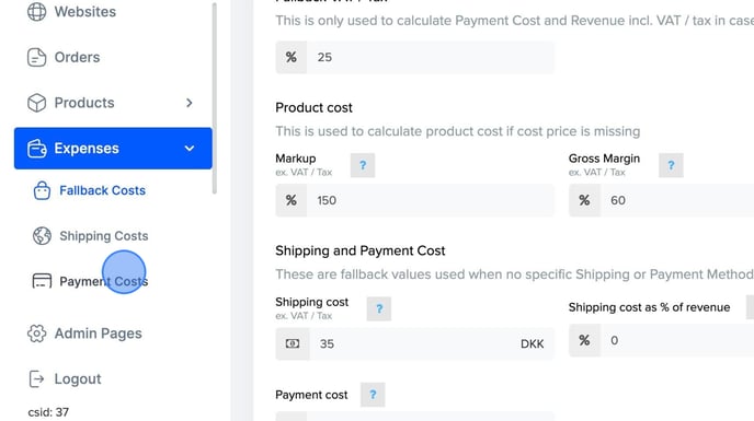 How to set up Payment costs - Step 2