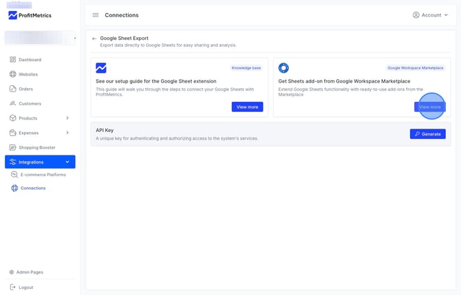 How to set up the ProfitMetrics Google Sheets Extension to export Dashboard Data_KPI to Google Sheets  - Step 1