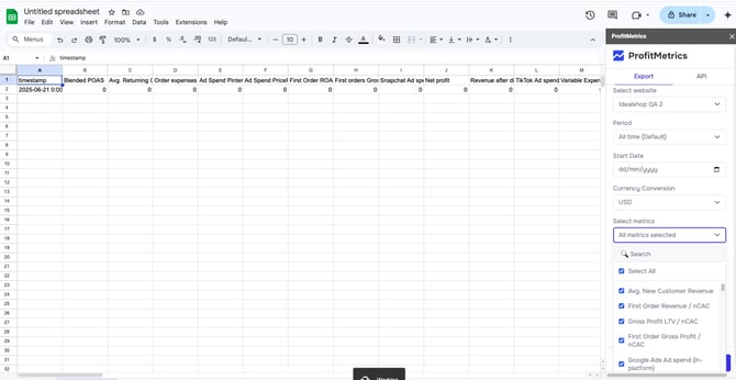 How to set up the ProfitMetrics Google Sheets Extension to export Dashboard Data_KPI to Google Sheets  - Step 19