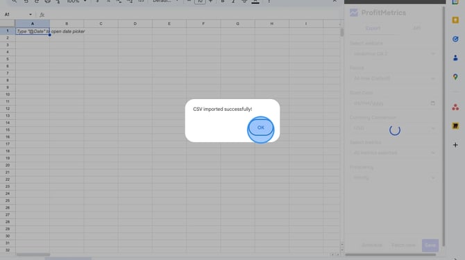How to set up the ProfitMetrics Google Sheets Extension to export Dashboard Data_KPI to Google Sheets  - Step 23