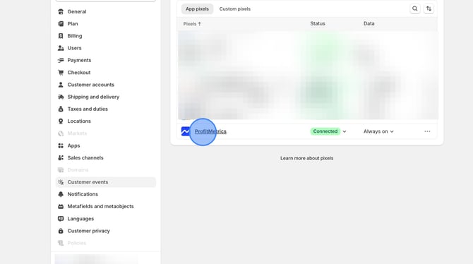 Managing ProfitMetrics Settings In Shopify - Step 3