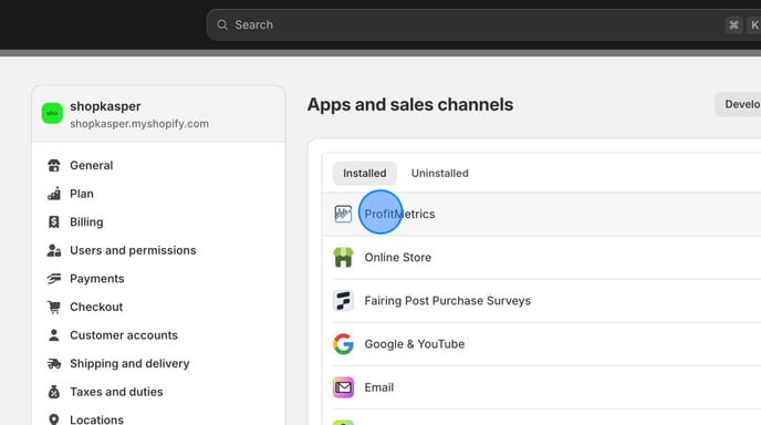 Uninstalling ProfitMetrics Shopify App from ShopKasper Store - Step 9