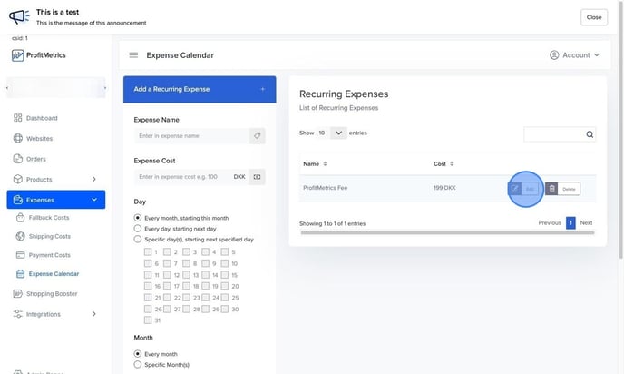 Update Recurring Expense Cost in ProfitMetrics - Step 7