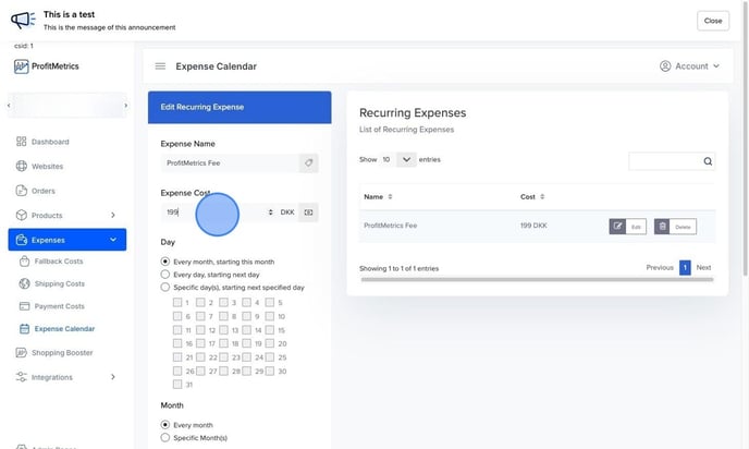 Update Recurring Expense Cost in ProfitMetrics - Step 8